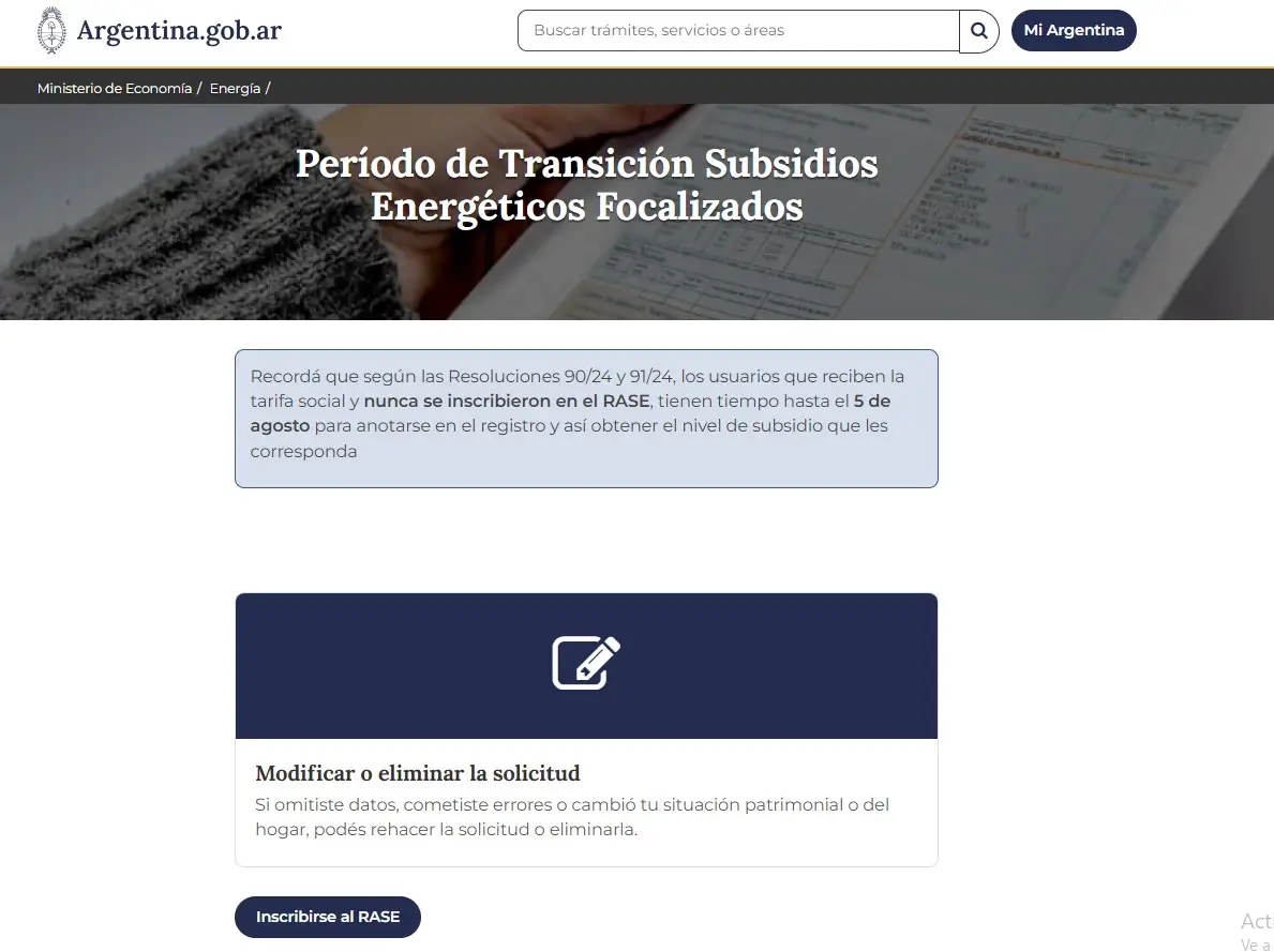 Sitio web argentina.gob.ar/subsidios, donde es posible inscribirse al RASE