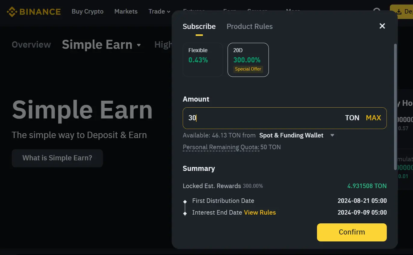 Binance Super Earn ofrece 300% de tasa efectiva anual con el staking de TON