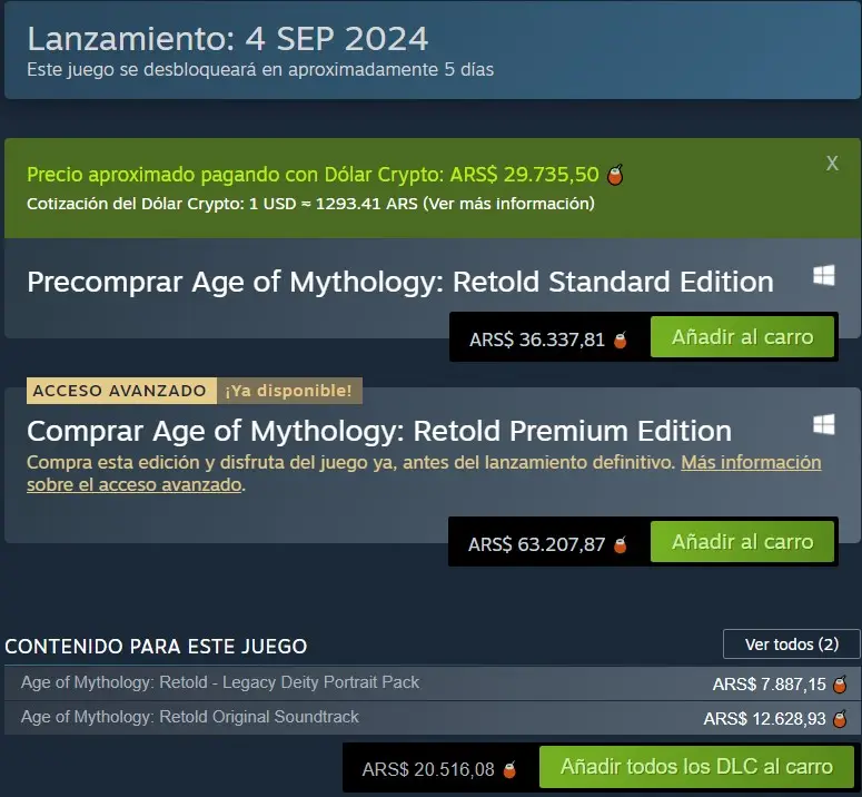 El precio de las diferentes versiones de Age of Mythology Retold en Steam