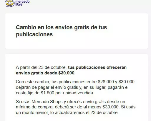 Las publicaciones entre $28.000 y $30.000 dejarán de pagar el envío gratis