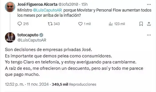 El tuit de Caputo y su queja por los precios de la telefonía celular