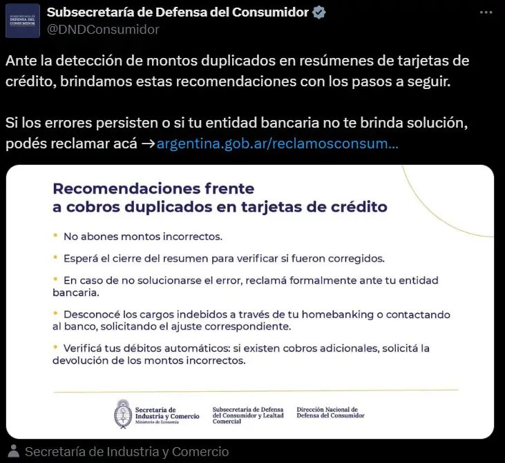 El posteo de Defensa del Consumidor sobre los cobros duplicados en tarjetas