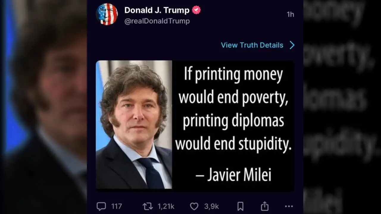 El respaldo de Donald Trump a Milei en su red social, Truth Social