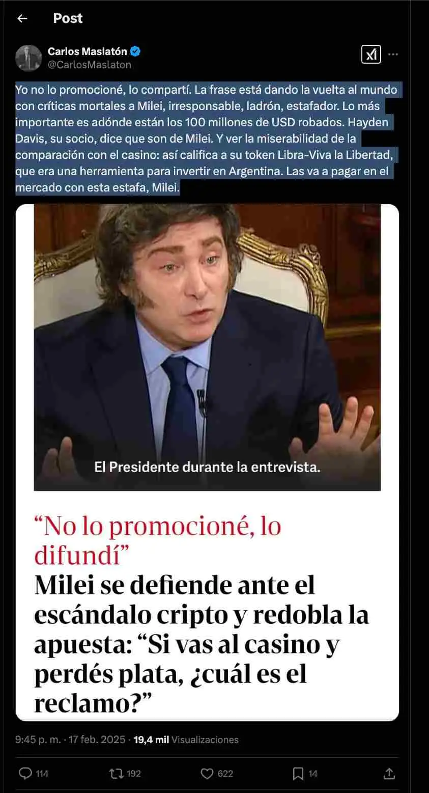 Carlos Maslatón criticó a Milei por defensa del criptogate