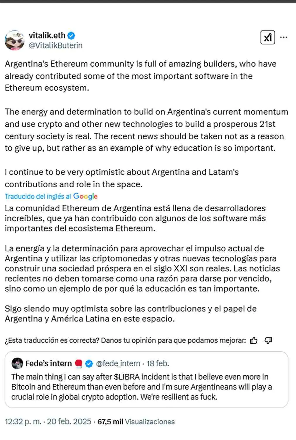 Buterin se refirió al caso $LIBRA en X