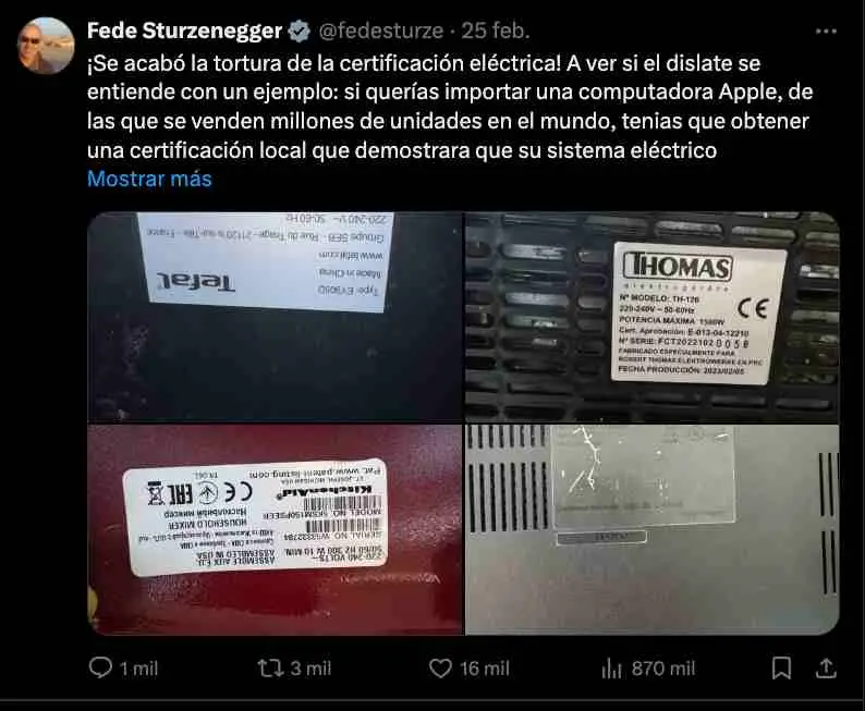 Federico Sturzenegger anunció el final de la certificación eléctrica para productos importados