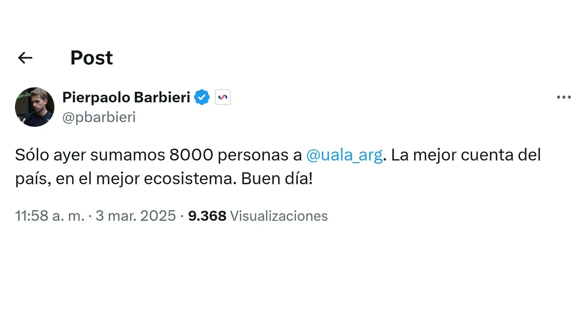 Primer posteo de Pierpaolo en X en el que festeja la cantidad de nuevos usuarios