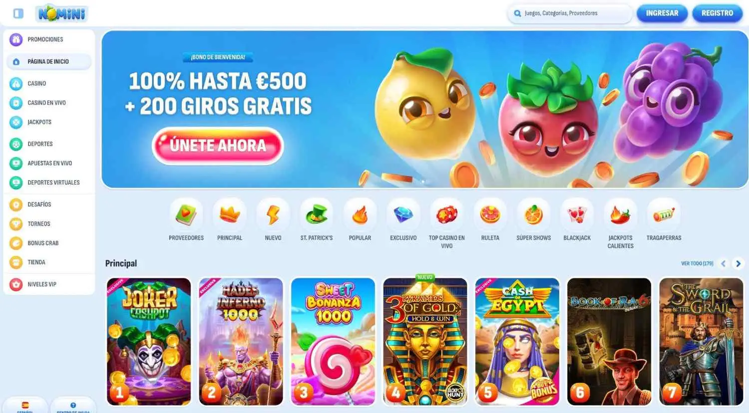 La página principal del sitio web de Nomini Сasino