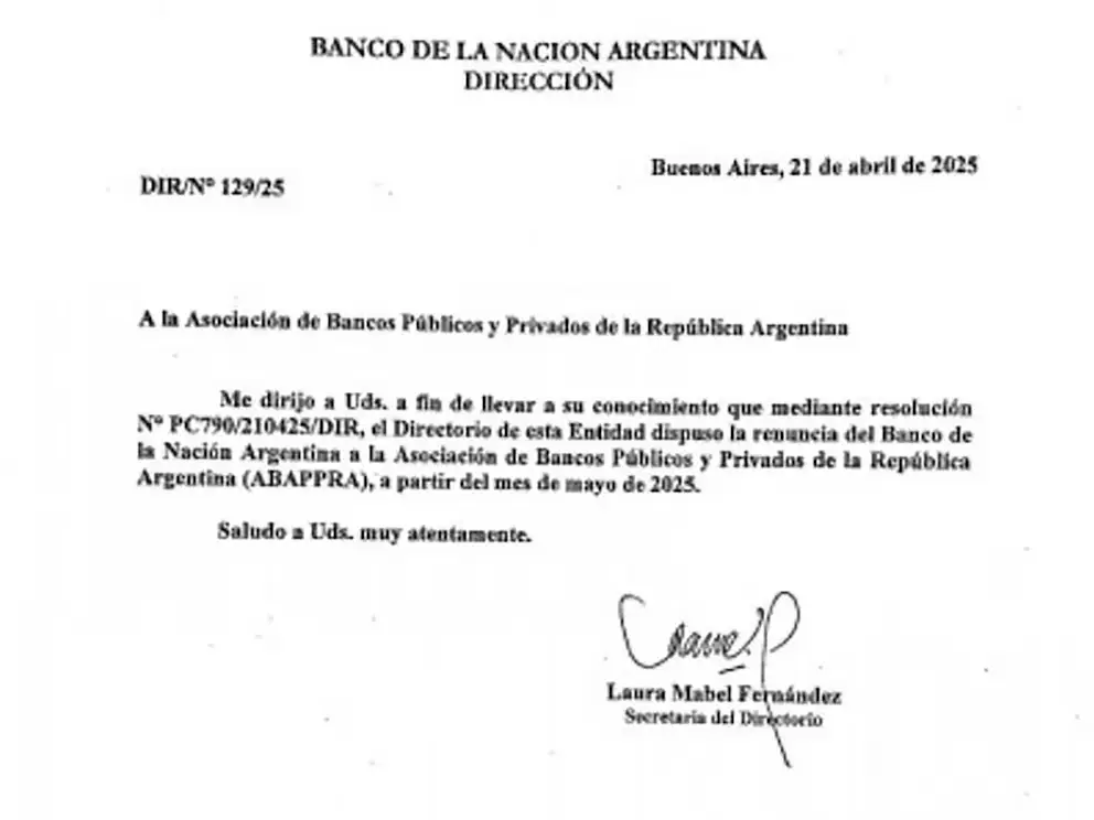 La carta con la que el Banco Nación anunció su renuncia a ABAPPRA