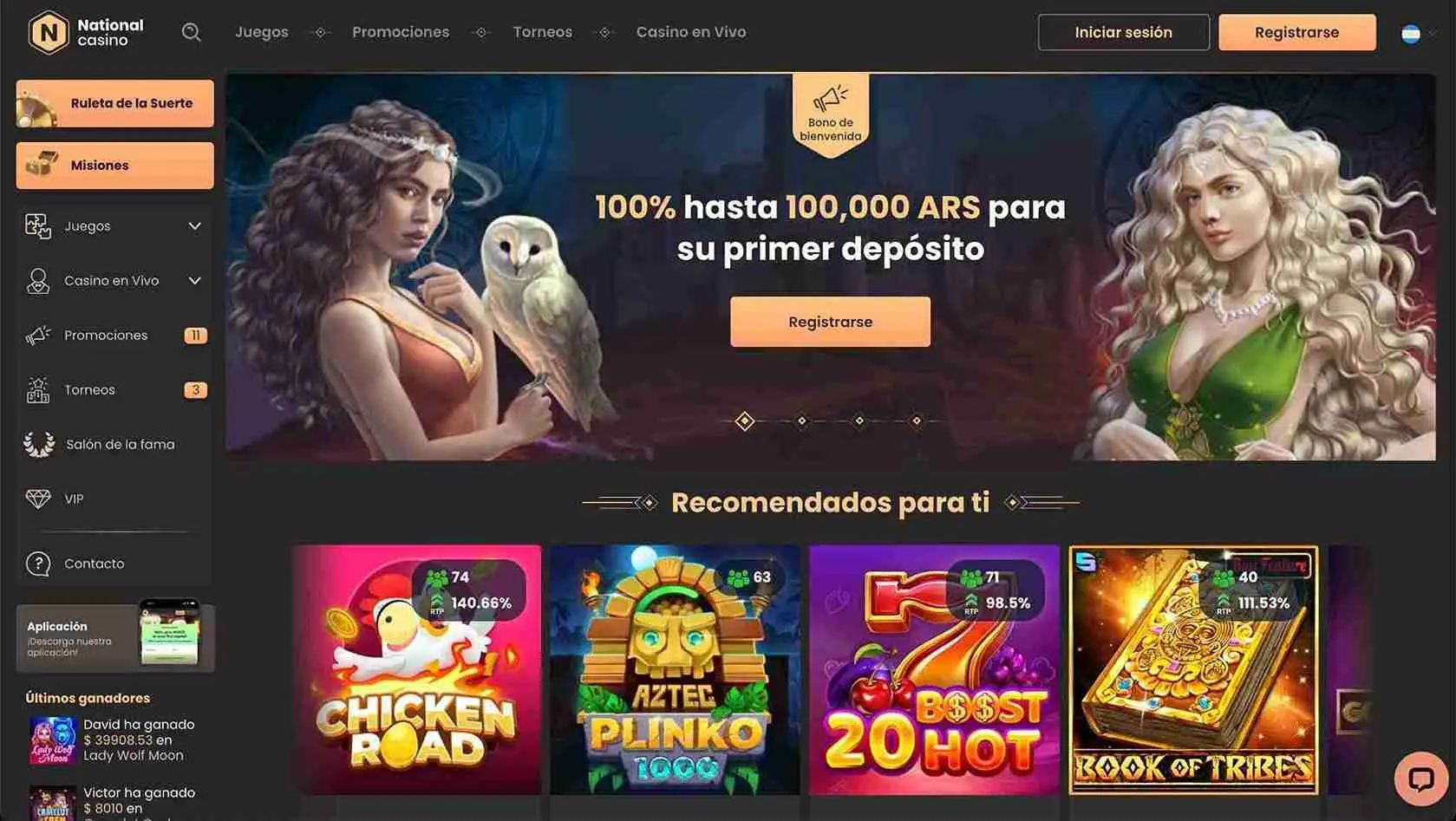 National Casino slots interface showcasing game diversity