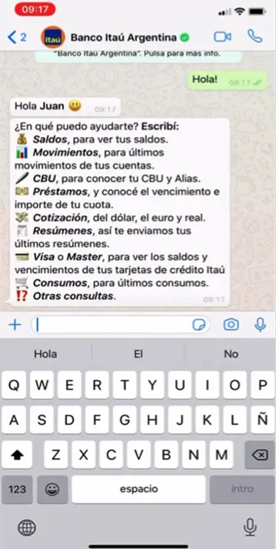 Interaction with Itaú through WhatsApp