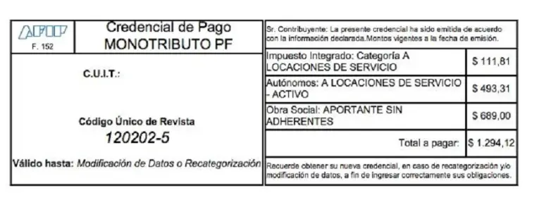 Credencial de Pago Monotributo.