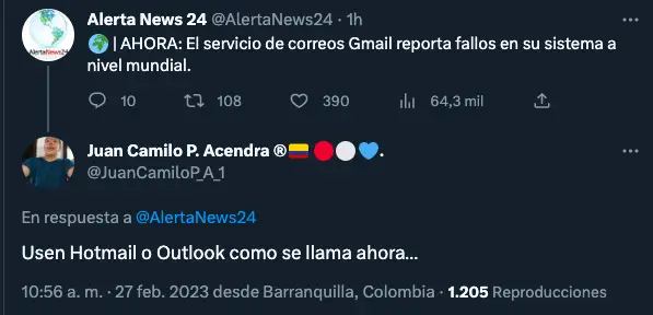 El usuario @JuanCamiloP_A_1 escribió que deberían usar Hotmail o Outlook.