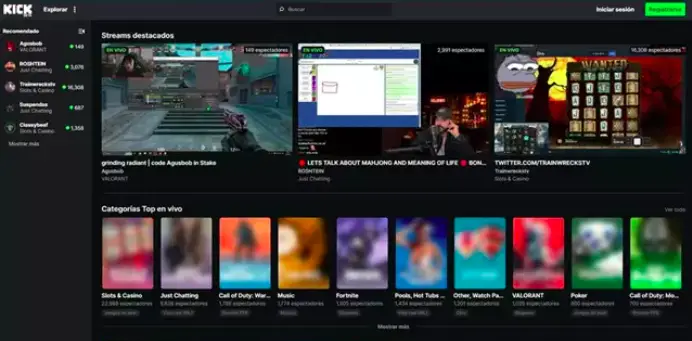 La interfaz de Kick, la nueva plataforma rival de Twitch.