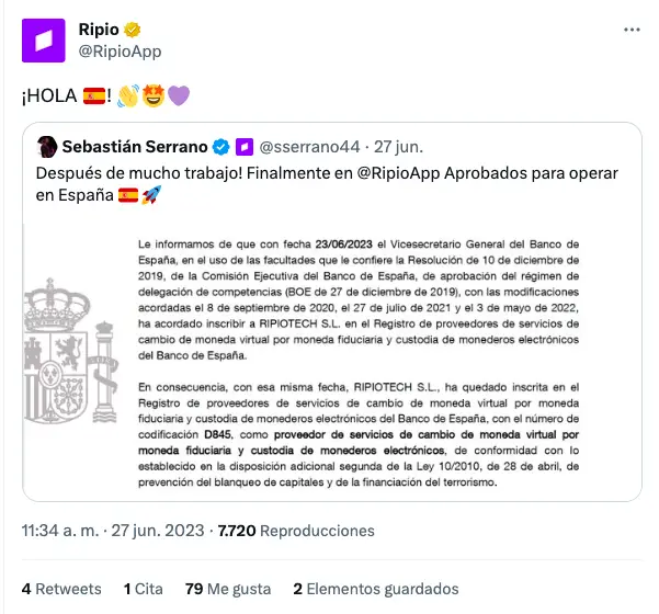 Ripio anunció a través de Twitter que podrá operar en España.