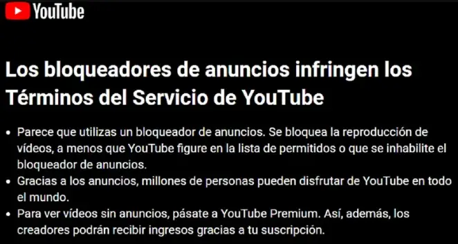 Al infringir los Términos del Servicio de YouTube la reproducción de videos se bloquea por completo.