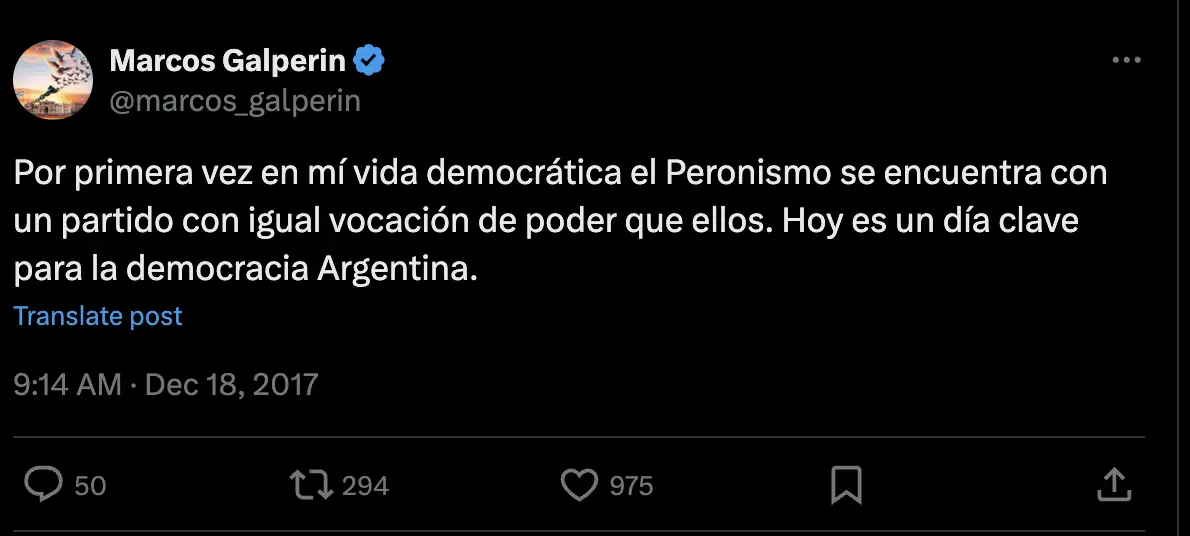 Tuit de Galperin en respaldo a Macri.