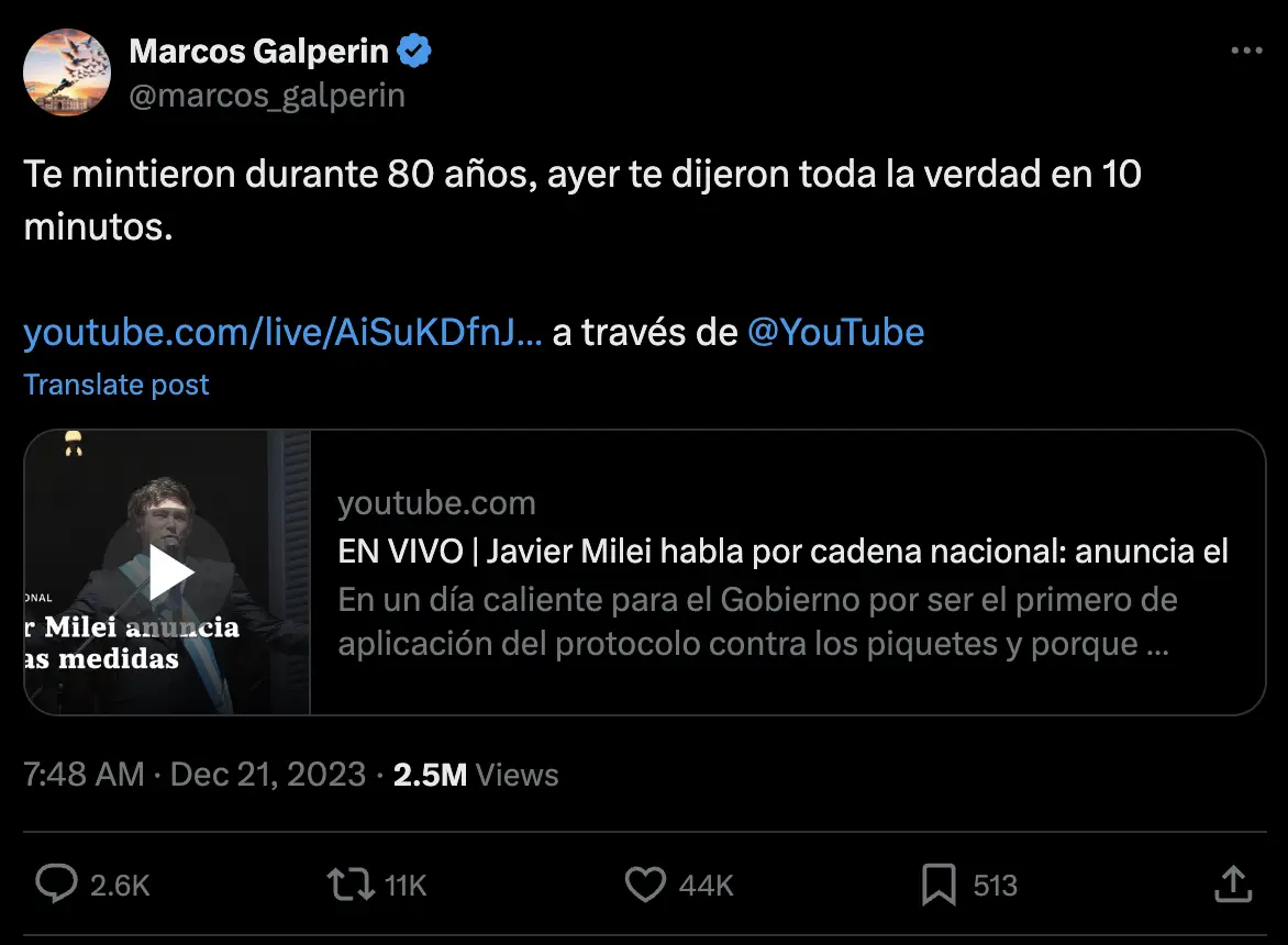 Respaldo de Galperin a Milei en X.
