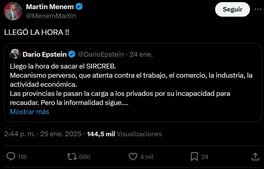 El posteo de Menem pidiendo la eliminación del SIRCREB