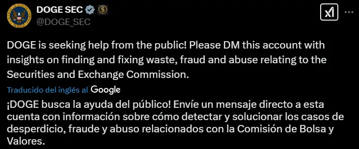 DOGE apunta a la SEC con un polémico posteo