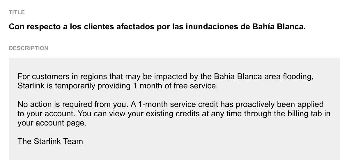 Comunicado de Starlink tras las inundaciones de Bahía Blanca